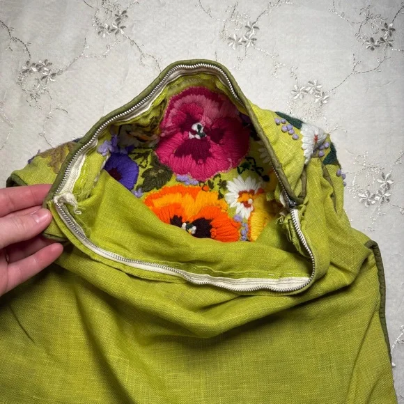 vintage 70s green floral bohemian brown eclectic embroidered pillow cover 14x14 - Picture 3 of 4